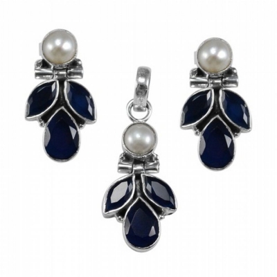 Blue Quartz & Pearl 925 Sterling Silver Earrings & Pendent Set 