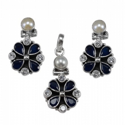 Blue Quartz, Zircon & Pearl 925 Sterling Silver Earrings & Pendent Set 