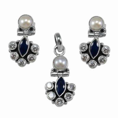 Blue Onyx , Zircon , Pearl Earrings & Pendant Set 