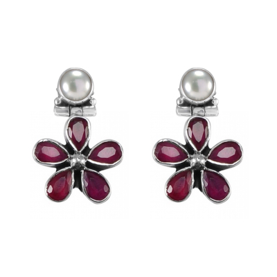 Red Onyx & Pearl Floral Earrings