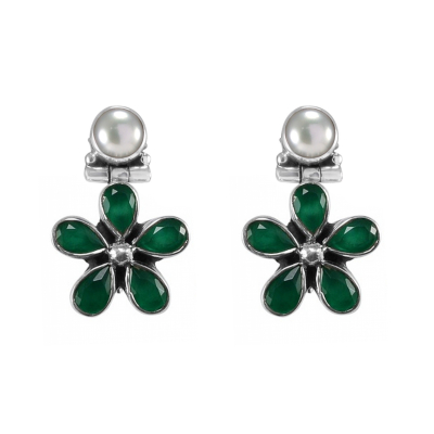 Green Onyx & Pearl Floral Earrings