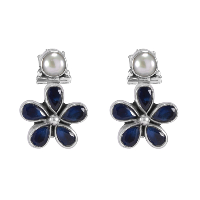 Blue Onyx & Pearl Floral Earrings