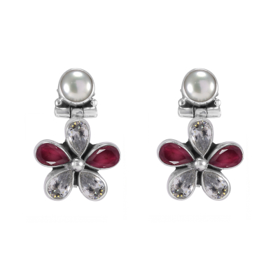 Red Onyx , Zircon & Pearl Floral Earrings