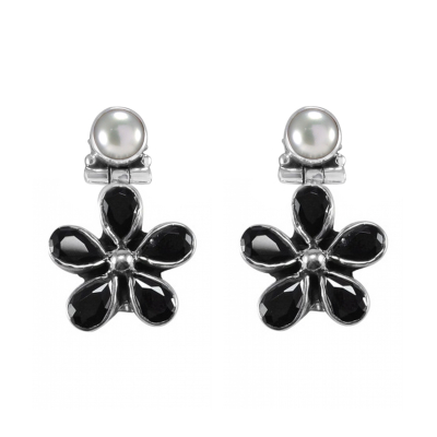Black Onyx & Pearl Floral Earrings
