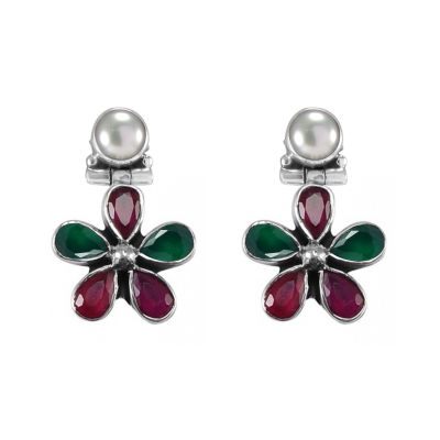 Red , Green Onyx & Pearl Floral Earrings 