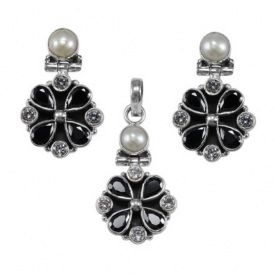 Black Onyx, Zircon & Pearl 925 Sterling Silver Earrings & Pendent Set 