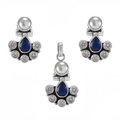 Blue Quartz, Zircon & Pearl 925 Sterling Silver Earrings & Pendent Set
