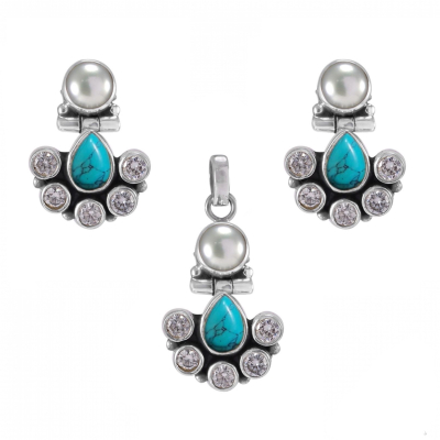 Turquoise, Zircon & Pearl 925 Sterling Silver Earrings & Pendent Set 