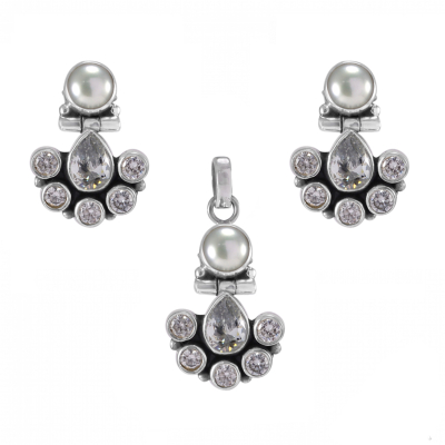 Cubic Zircon & Pearl 925 Sterling Silver Earrings & Pendent Set 