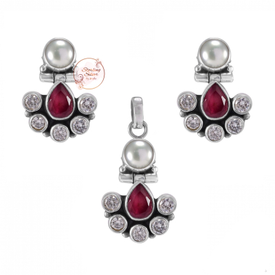 Red Onyx , Zircon & Pearl 925 Sterling Silver Earrings & Pendent Set  