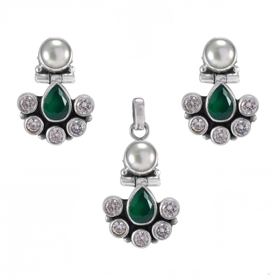 Green Onyx, Zircon & Pearl 925 Sterling Silver Earrings & Pendent Set 