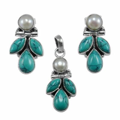 Turquoise & Pearl 925 Sterling Silver Earrings & Pendent Set 