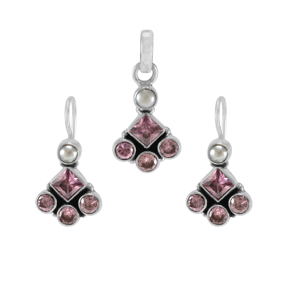 Pink Zirconia , Pearl Earrings & Pendant Set