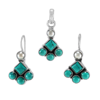 Turquoise , Pearl Earrings & Pendant Set